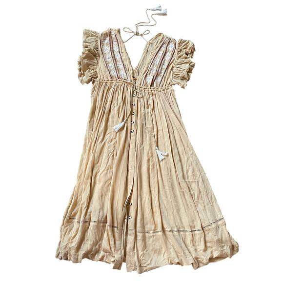 Free People M Midi Dress | Boho Embroidered Gauze, Ruffle Sleeves, Tassel Tie - Picture 2 of 7